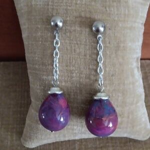 Silver Tone Chain Purple Swirl Bead Dangle Earrings